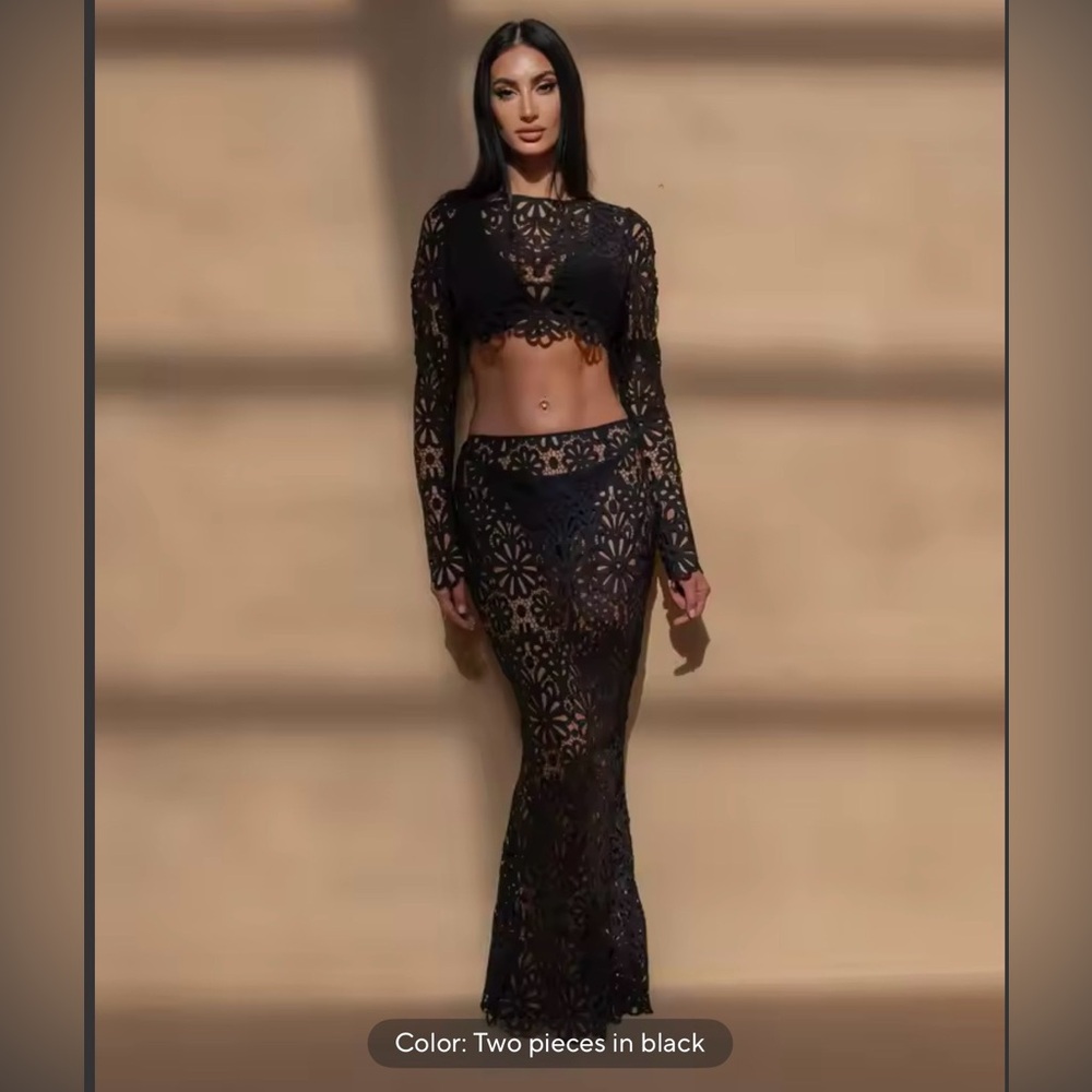 Black Floral Lace Skirt And Top 2 Piece Set